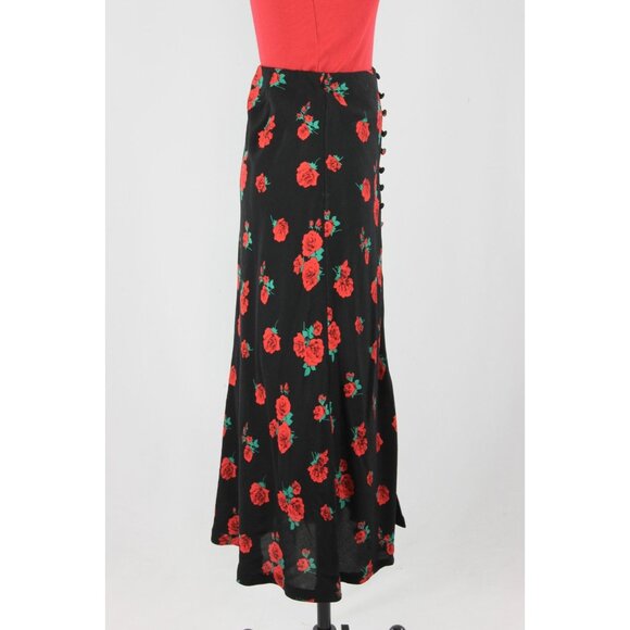 ZARA Black Rose Print Button Front A-Line Midi Slip Skirt, Size XS - Picture 3 of 13